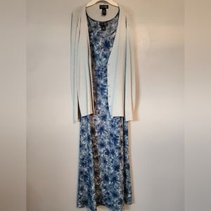 Artistic floral dress/sweater combo.